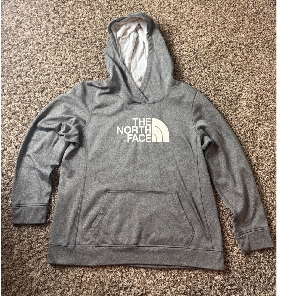 The North Face Womens XL Gray Fleece Pullover Hoodie Logo Sweatshirt Activewear